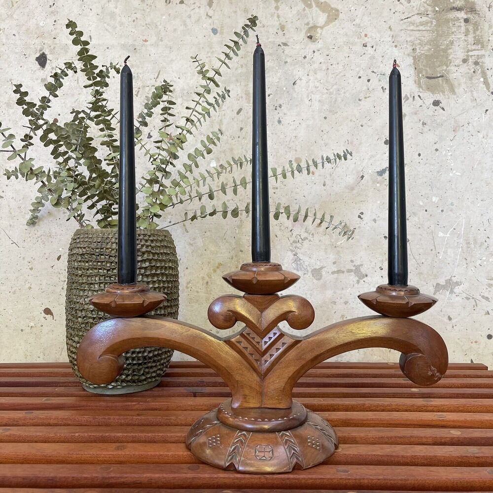 Vintage European Hand Carved Wooden Candelabra
